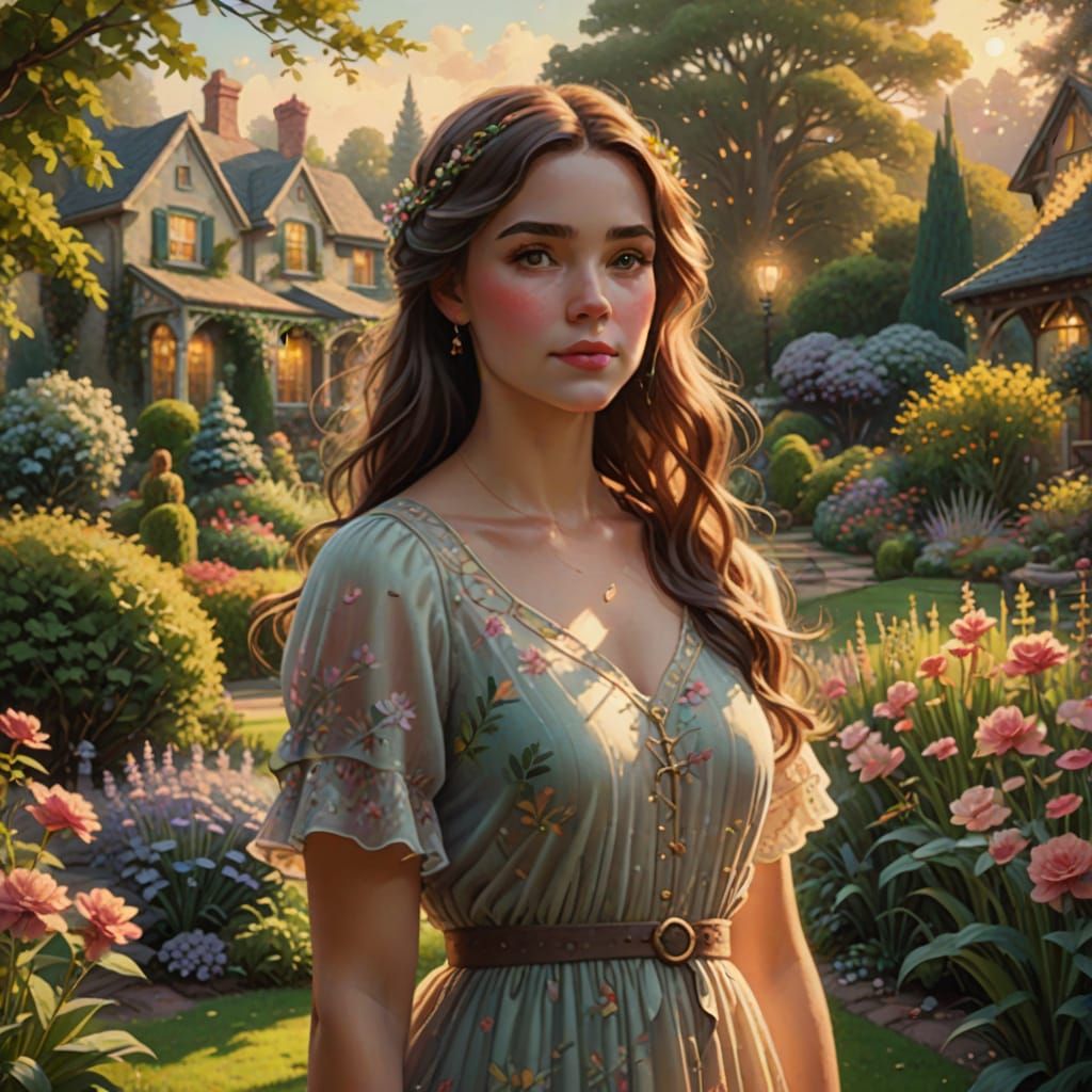 Girl in Garden with Golden Light as Kinkade Painting