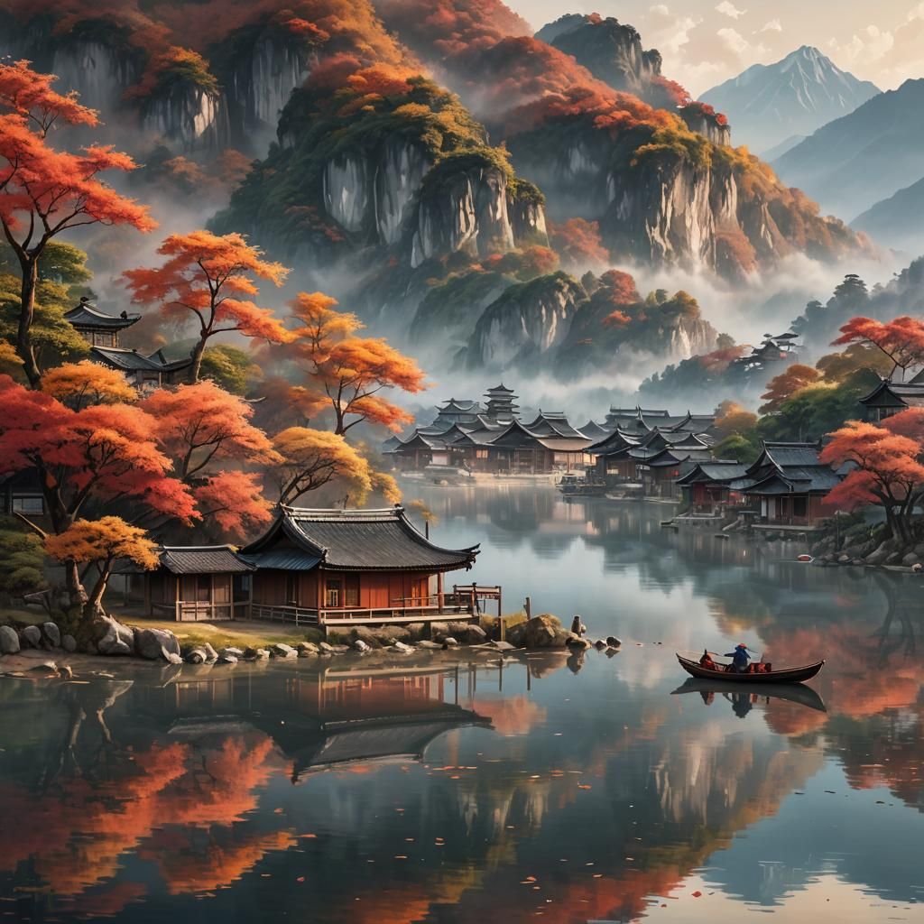 Idyllic Asian Village Landscape with Autumn Trees