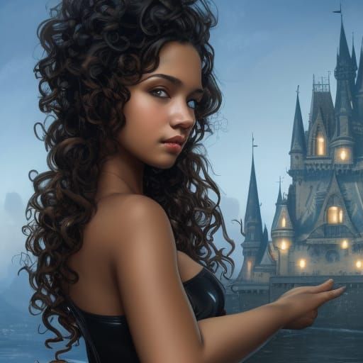 Girl in Latex Suit with Castle, Hyperdetailed Digital Art