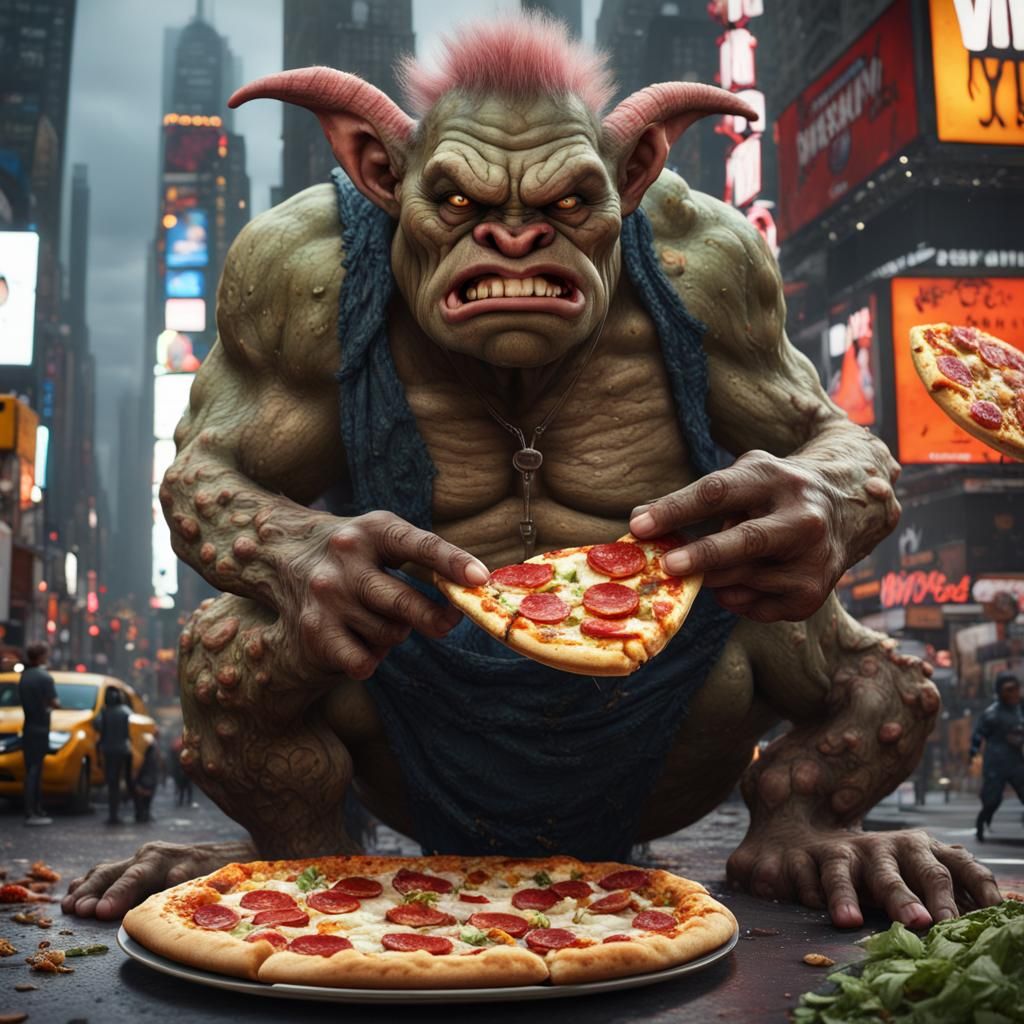 Grumpy Earth Troll Eats Pizza in Times Square