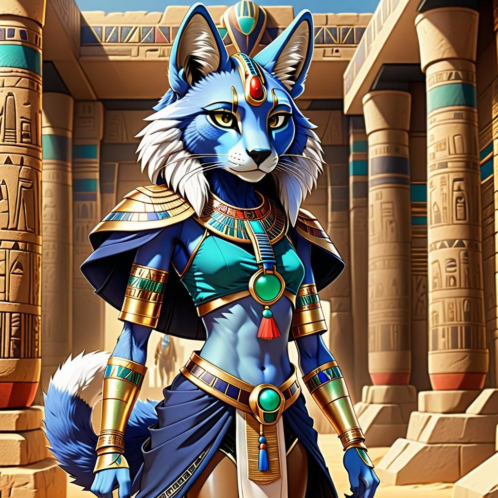 Anime-Style Furry Egyptian Queen in Detailed Scene