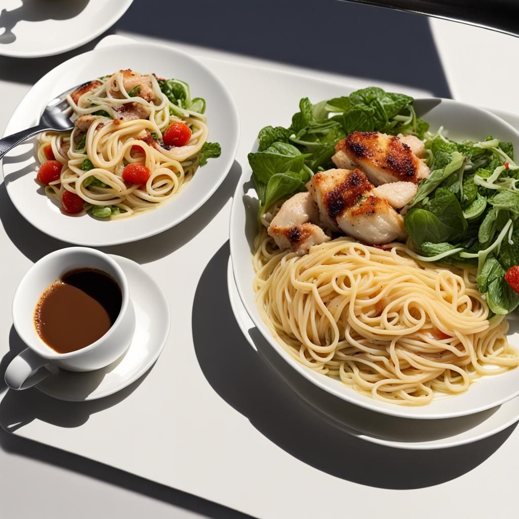 Spaghetti, Chicken, Salad, and Coffee Still Life