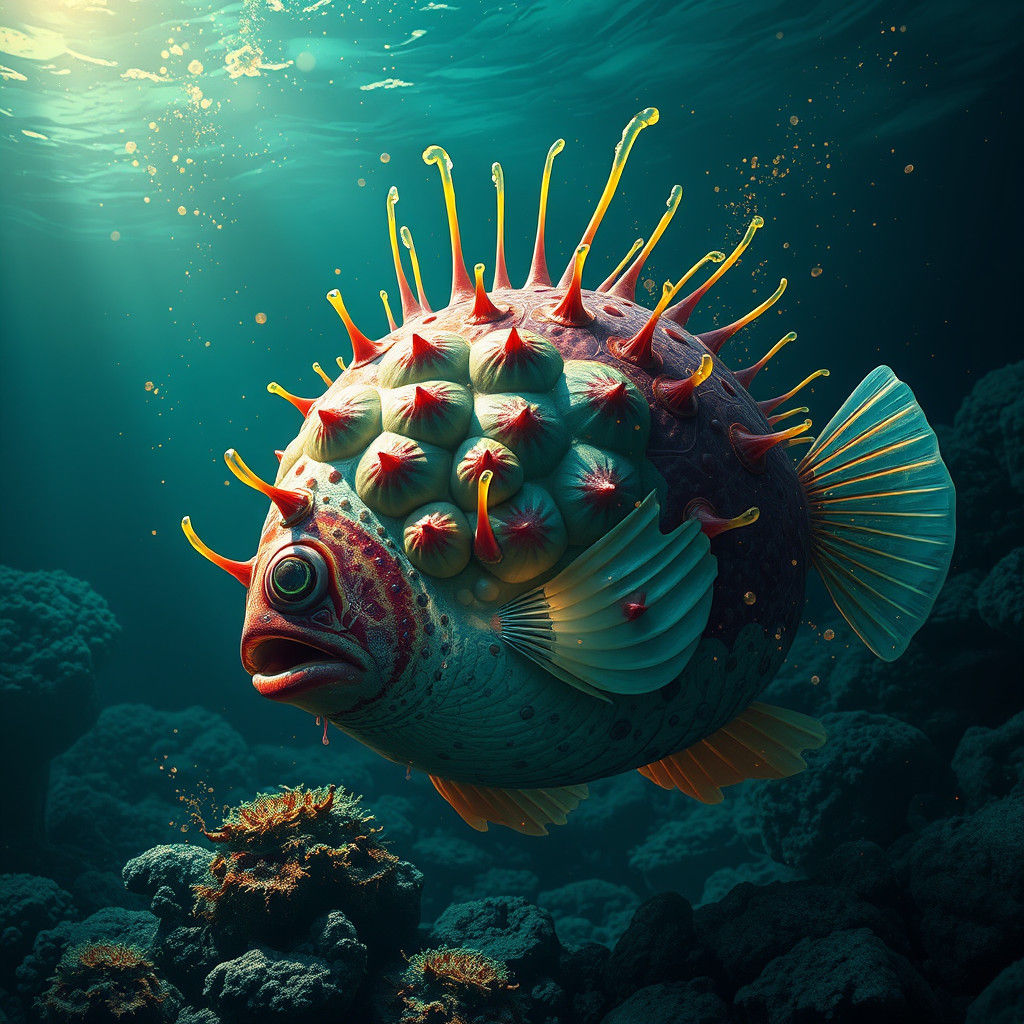 Explosive Pufferfish in a Dreamlike Digital Rendering