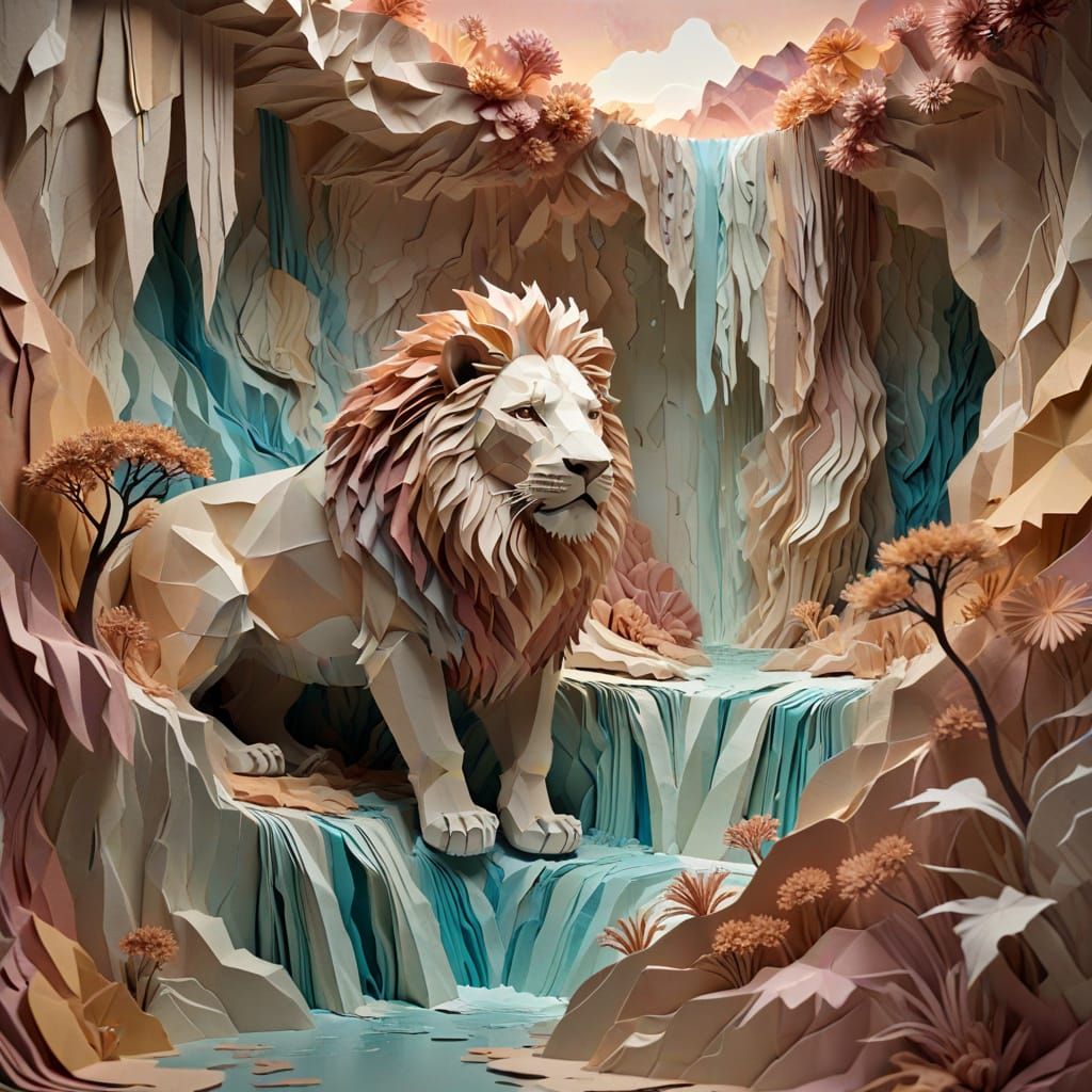 Surreal Paper Lion Overlooking Waterfall Landscape