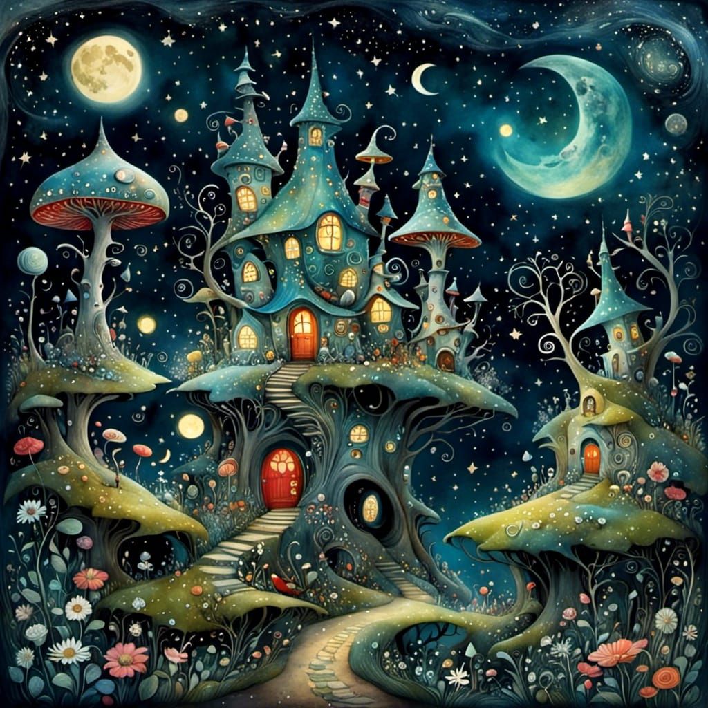 Adorable Whimsical Celestial Dreamscape Illustration