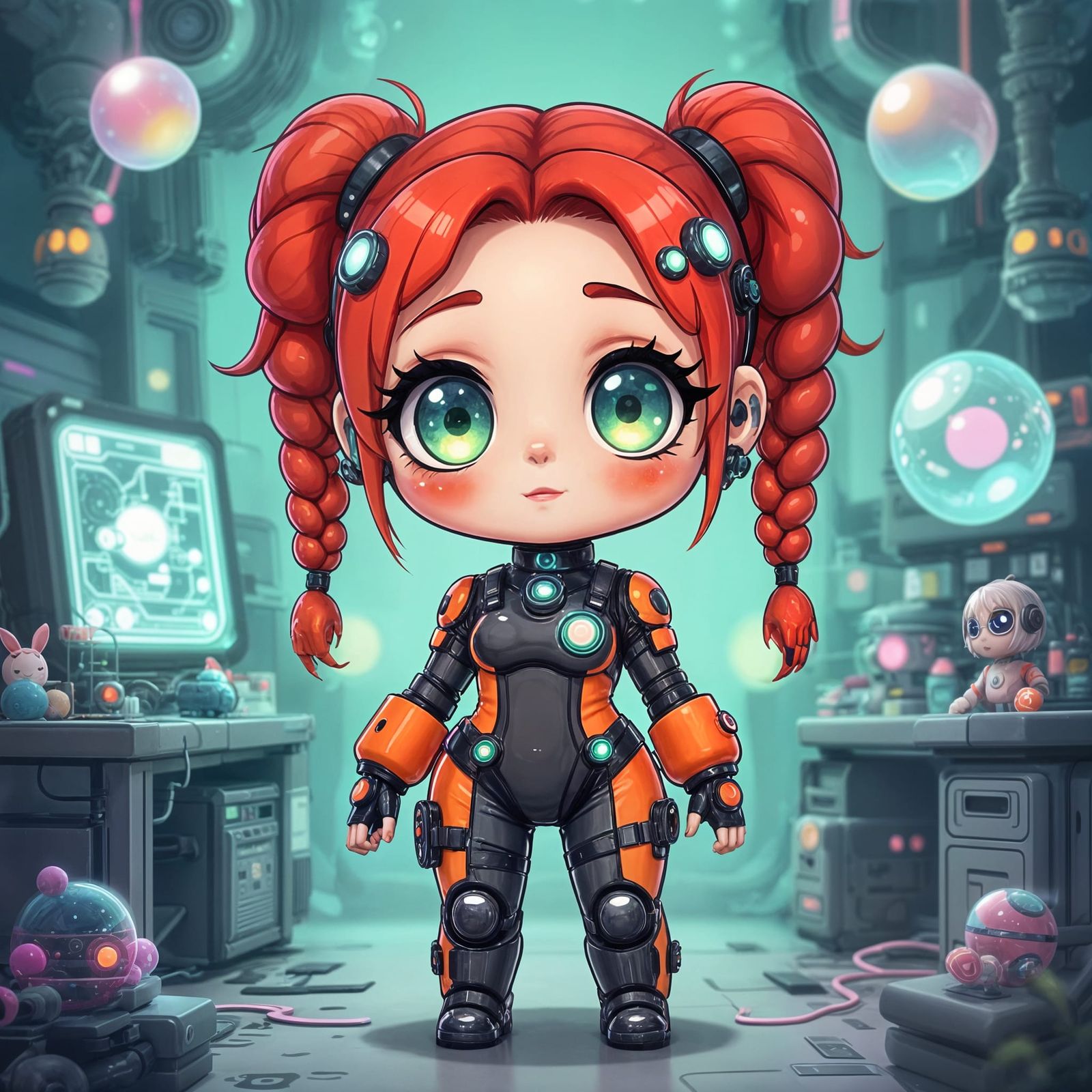 Chibi Cyberpunk Netrunner Girl in Whimsical Sci-Fi Lab