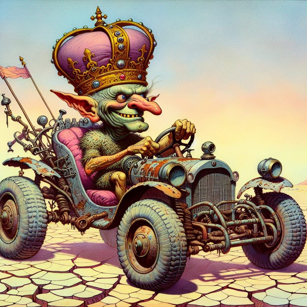 A comically arrogant Goblin wearing an oversized tarnished crown, riding an awkward battered rusty Dun Buggy across a su...