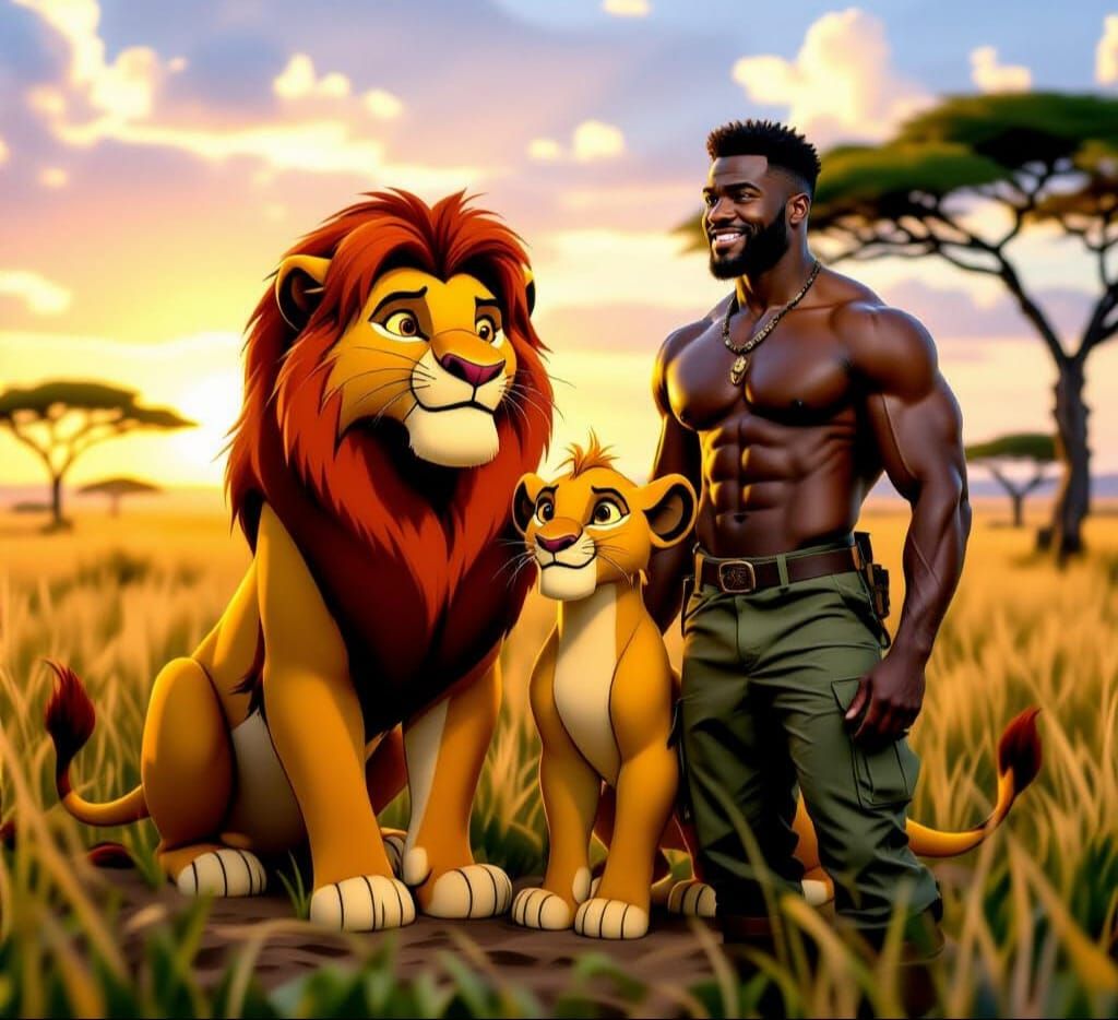 Black African Man and Cartoon Simba in Safari Landscape