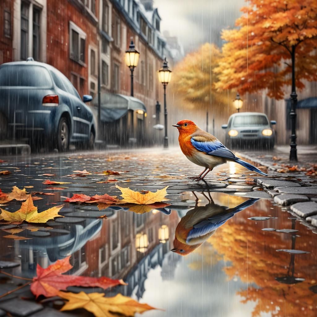 Bird on Umbrella: Watercolor Autumn Scene