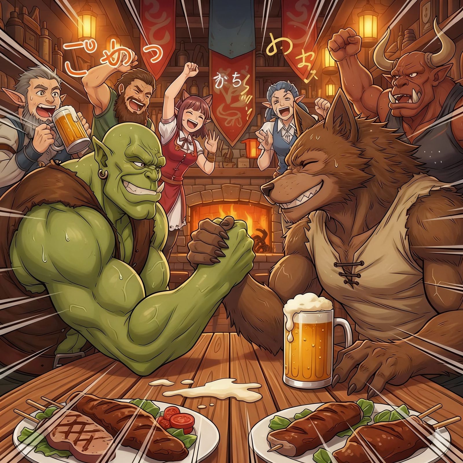 Orc and Werewolf Friends Arm Wrestling at Tavern