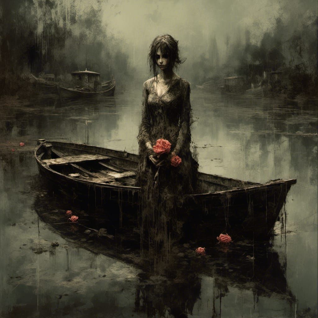 Gloomy Lakeside Figure in Macabre Expressionism