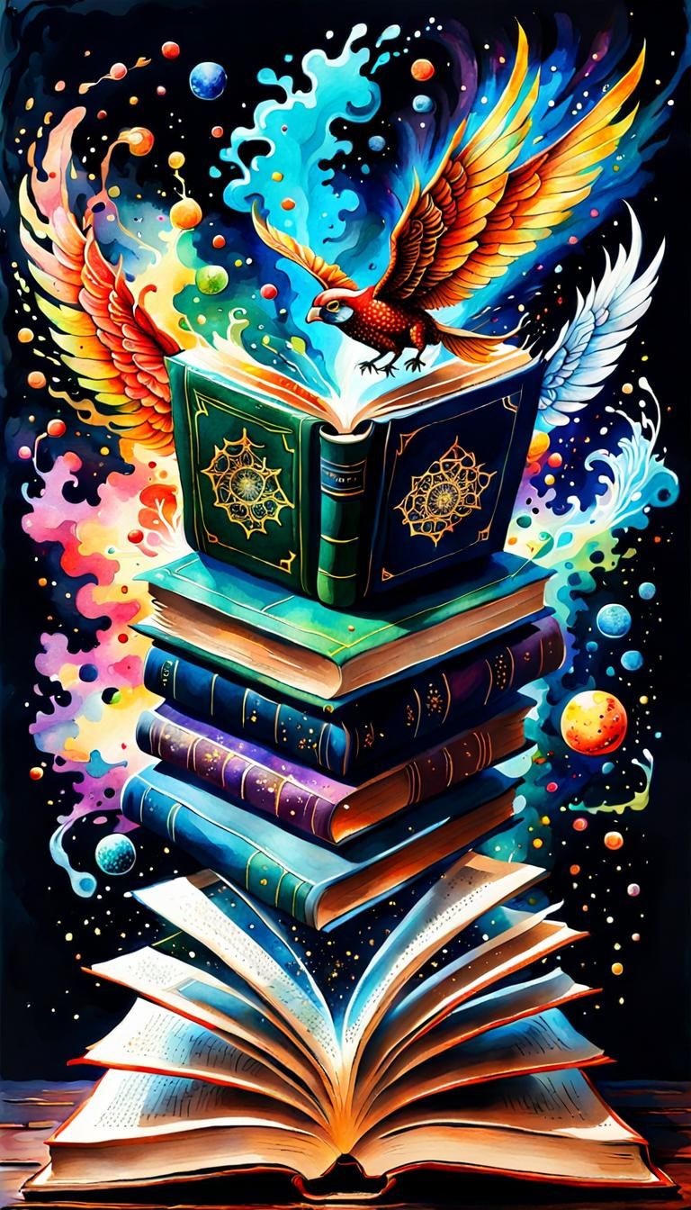 Fantasy Books in Flight: Psychedelic Watercolor Art