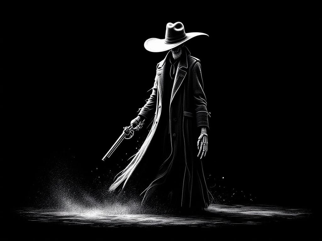 Skeletal Sheriff Grim Reaper Emerges from Void in Dark, Grit...