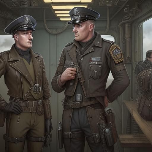 Dieselpunk Officers Prepare for Adventure Onboard Ship
