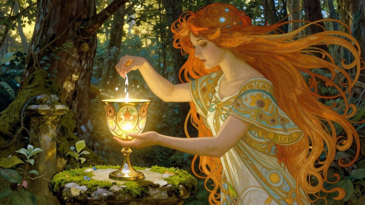 Art Nouveau Woman Refills Glowing Chalice in Forest