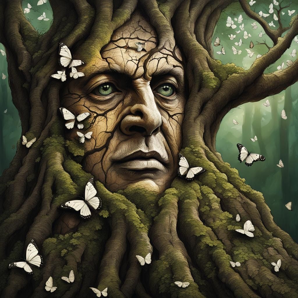Whimsical Tree Face with Butterflies