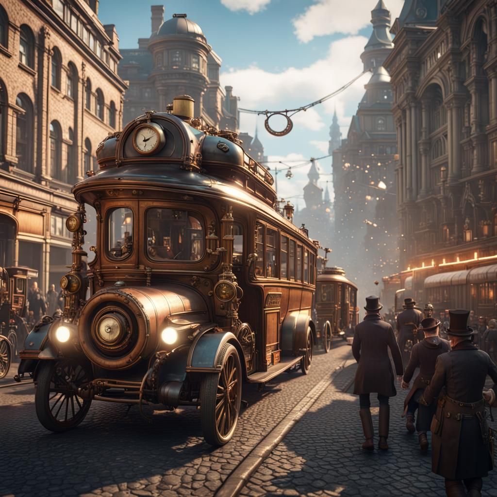 Steampunk City with Steampunk Buses, 3D Render