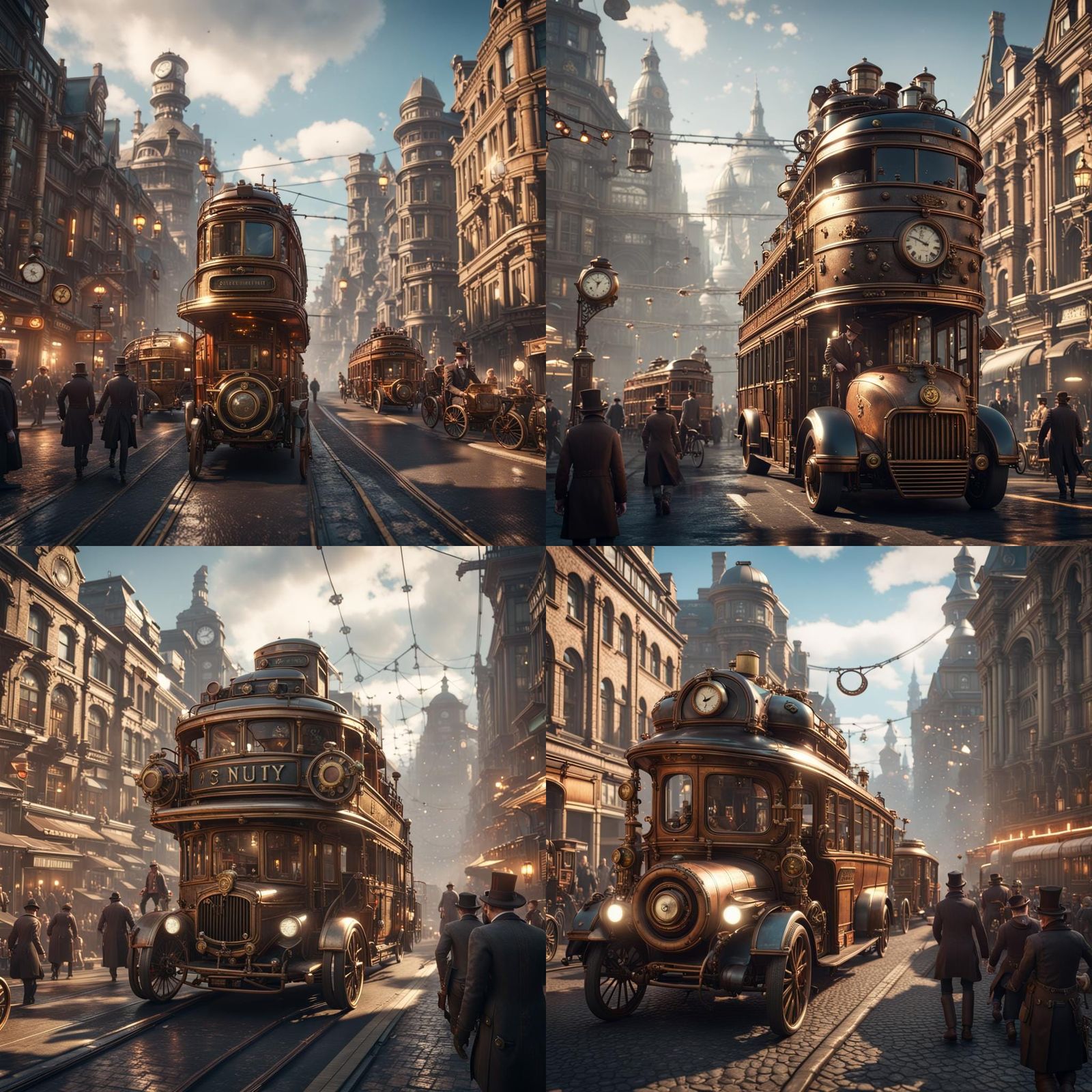 Steampunk Cityscape with Steampunk Buses, 3D Rendered