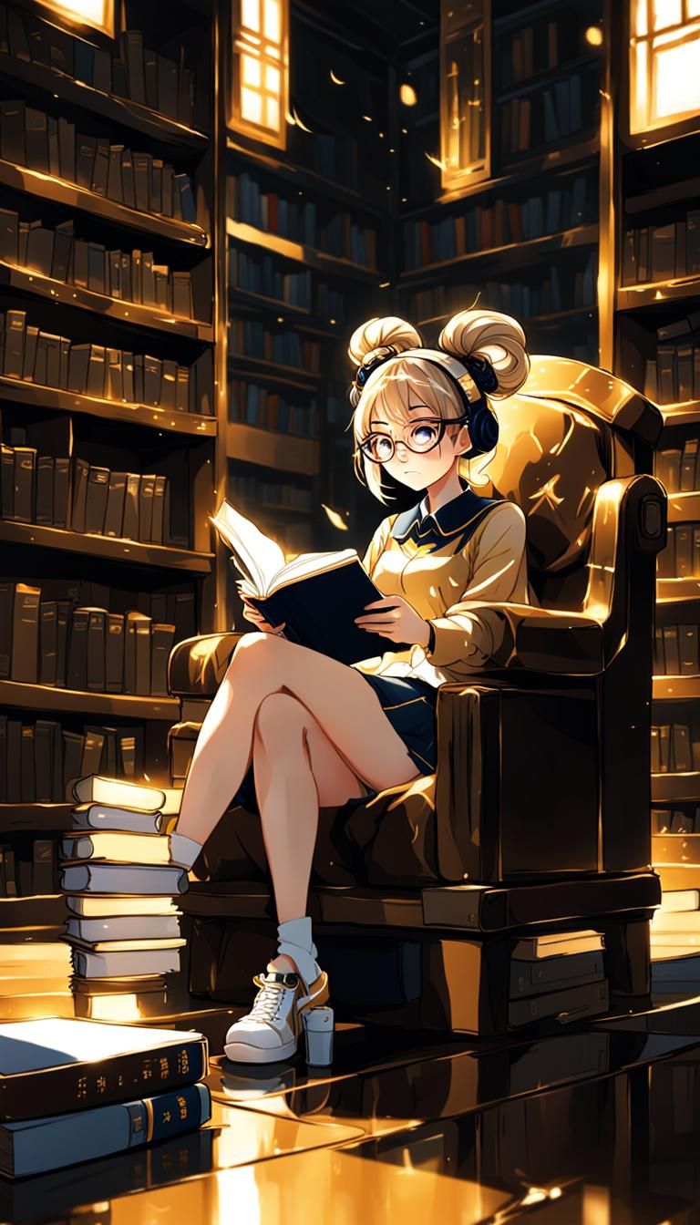 Girl Reading in Library, Anime Style