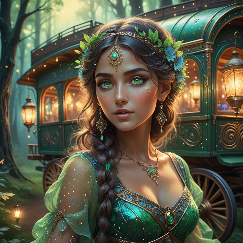 Green-Eyed Woman Dancing in Forest, Whimsical Illustration