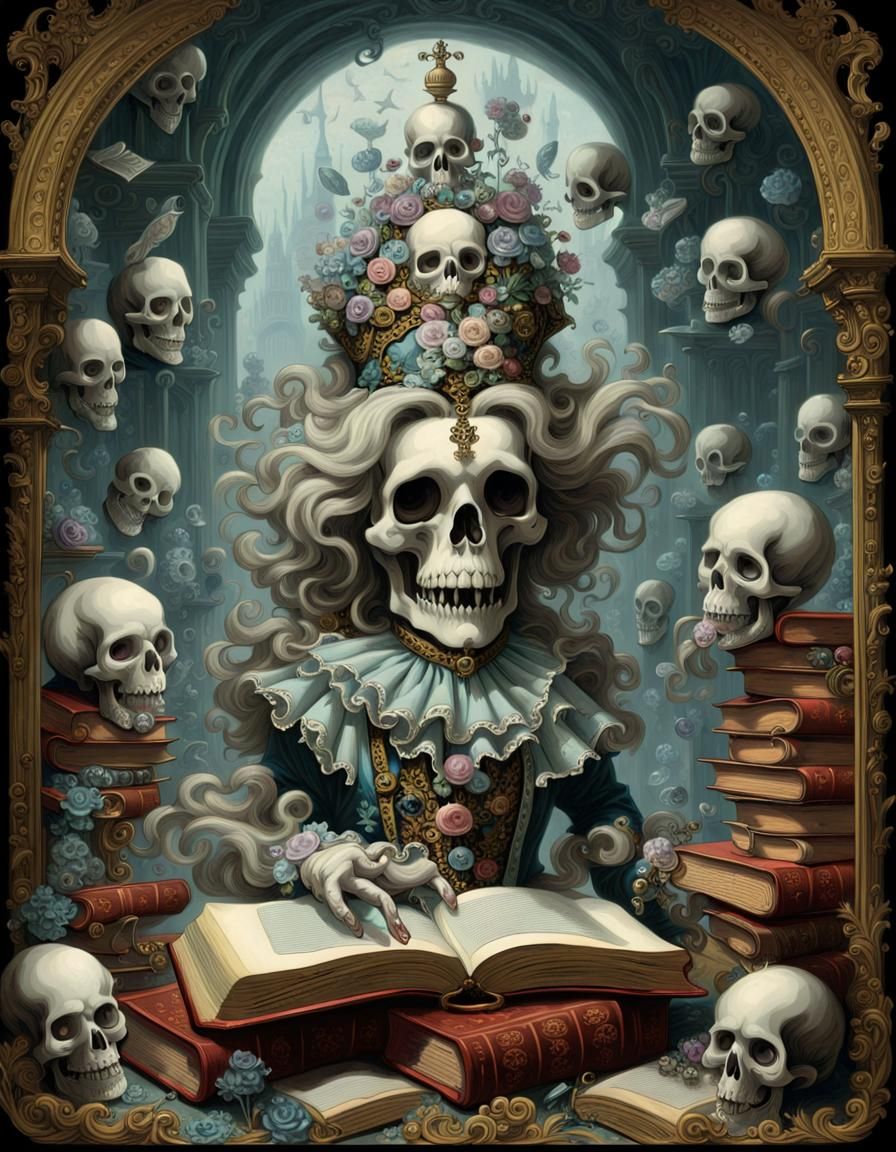 Baroque Skulls and Cats in Ethereal Fog