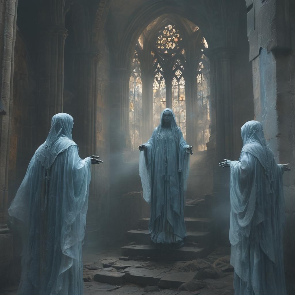 Ethereal Ghosts in Ruined Cathedral: 3D Cinematic