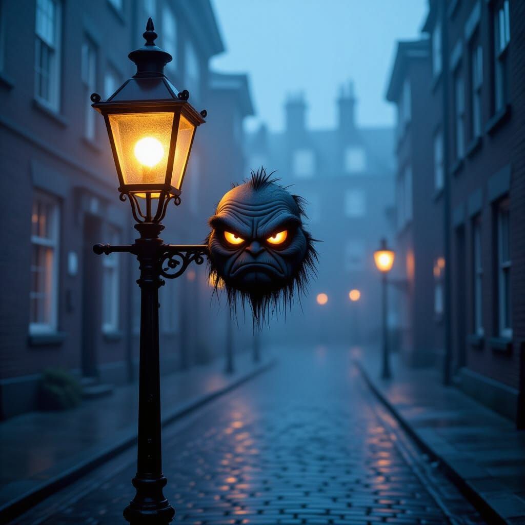 Grumpy Old Streetlamp on Foggy Cobblestone Street