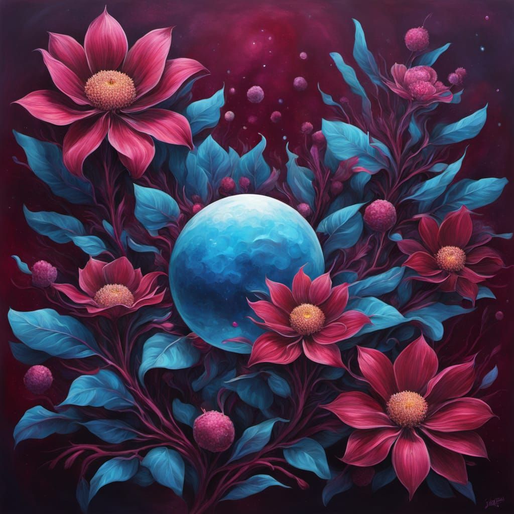 Surreal Floral Painting in Retrofuturism Style