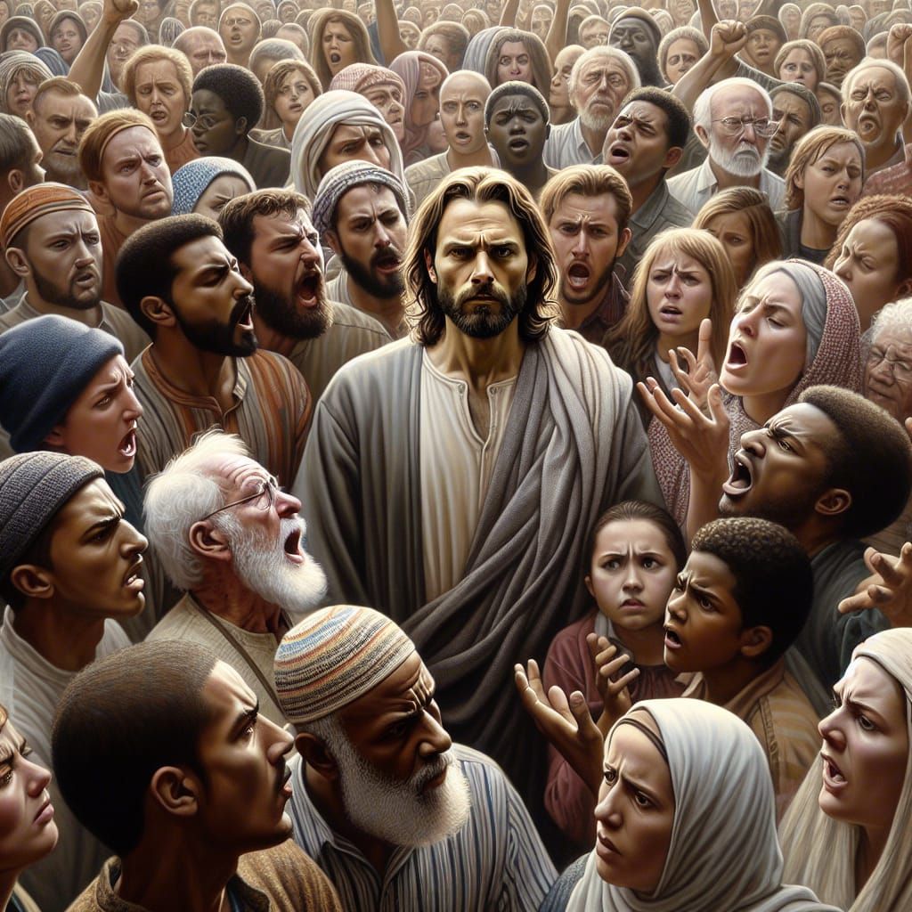 Diverse Crowd Confronts Peaceful Religious Figure