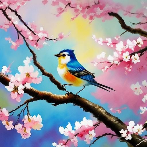 Bird and Cherry Blossoms in Gouache Watercolor Style