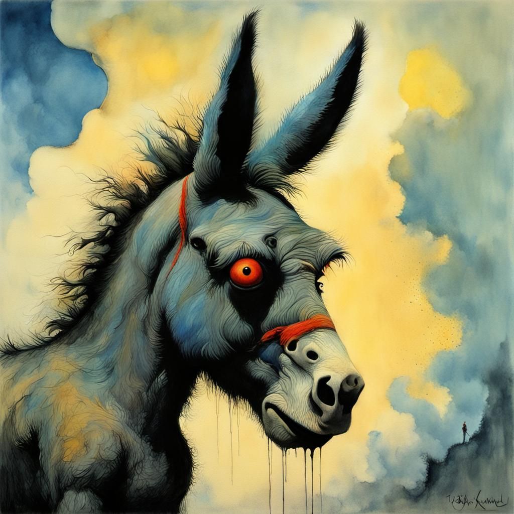 Surreal Donkey in Gouache and Watercolor Style