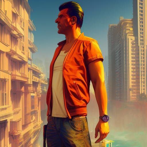 Tommy Vercetti in Cyberpunk Style, 8K Concept Art