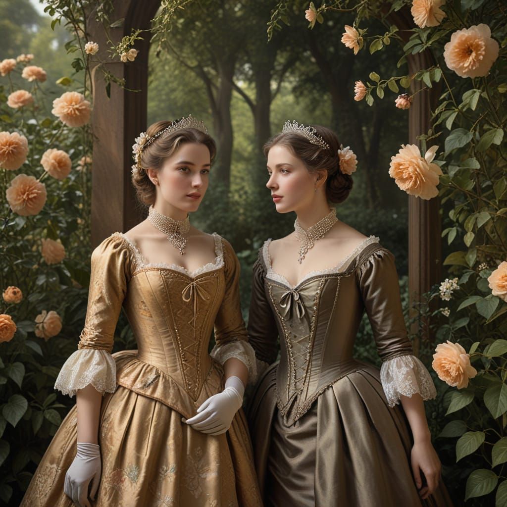 Elegant Young Women Admire Portraits in Lush 18th-Century Ga...