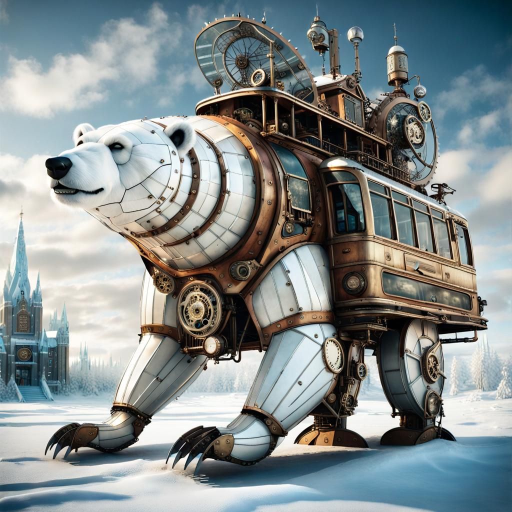 Steampunk Polar Bear Bus in Winter Wonderland
