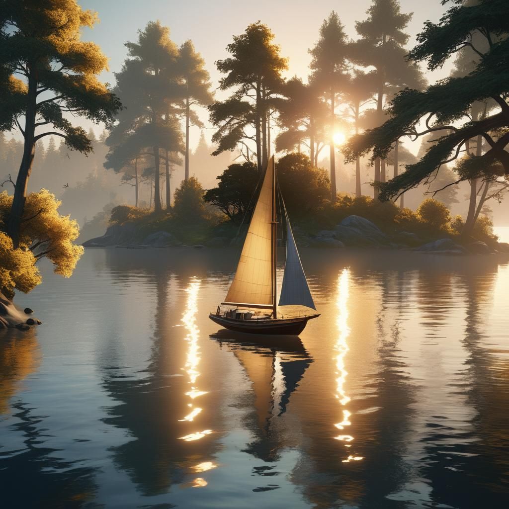 Dreamlike Sailboat on Serene Lake: Matte Painting