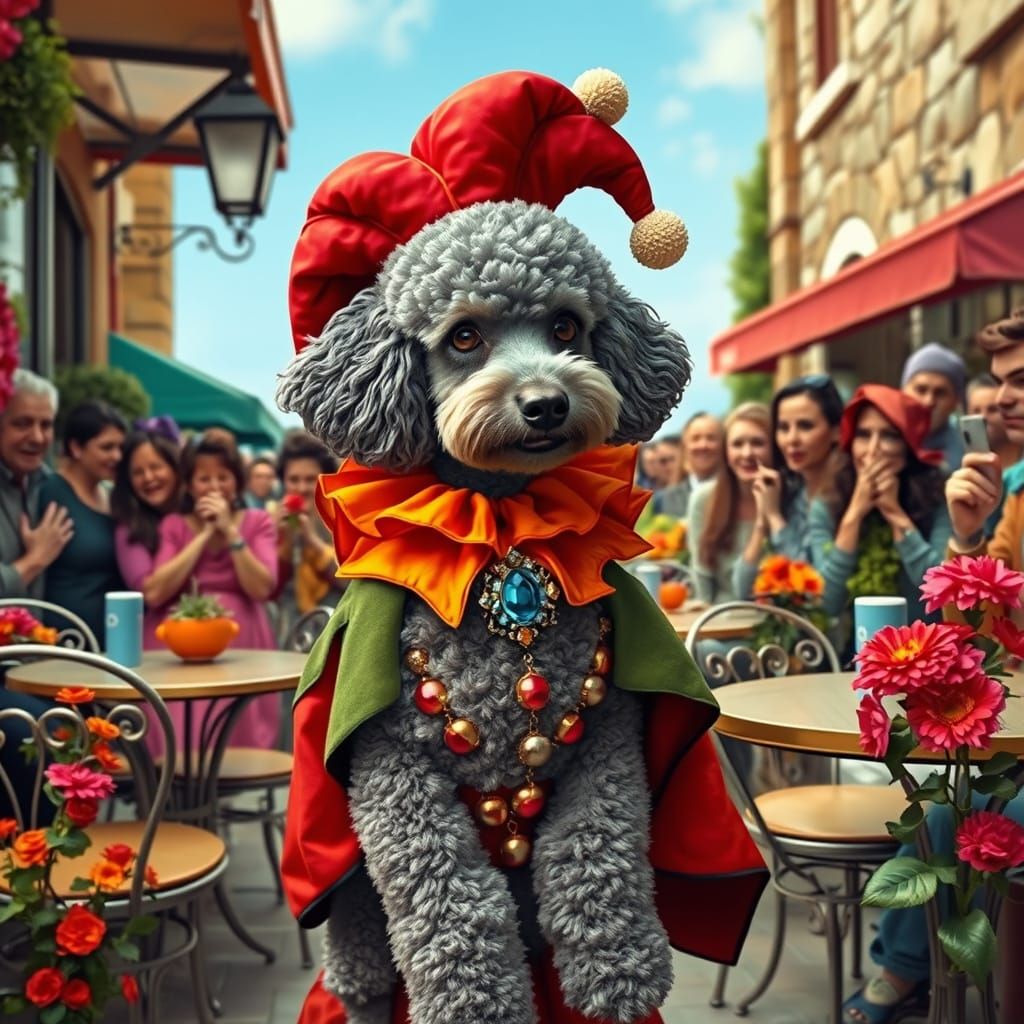 a whimsical grey poodle dressed in the silliest costume imag...