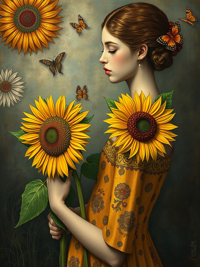 Woman with Sunflower in Art Nouveau Style