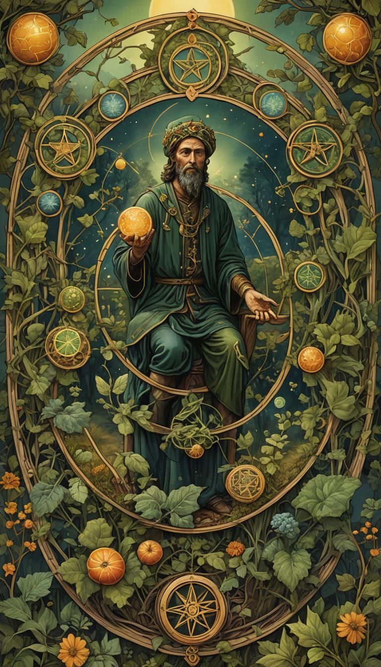 Seven of Pentacles Tarot Card in Detailed Matte Painting