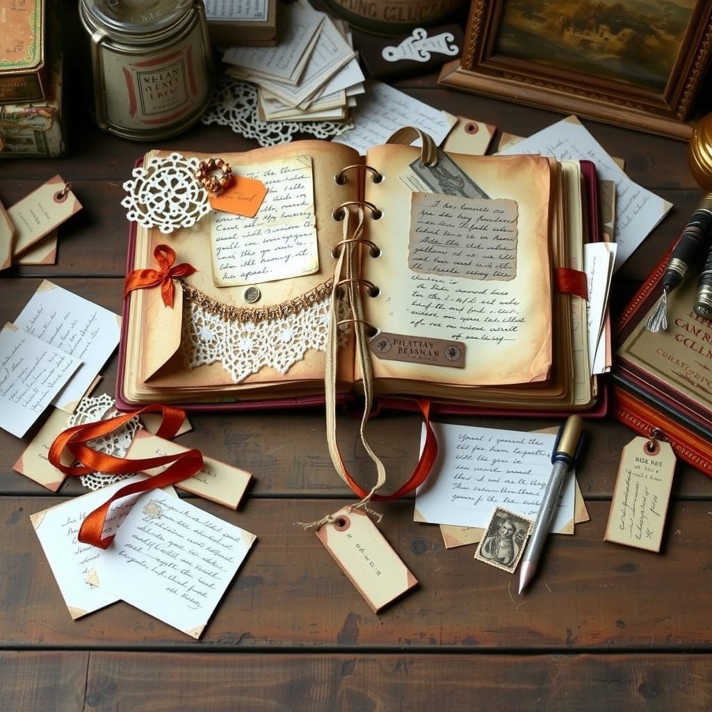 Distressed Vintage Journal with Ephemera and Handwritten Not...