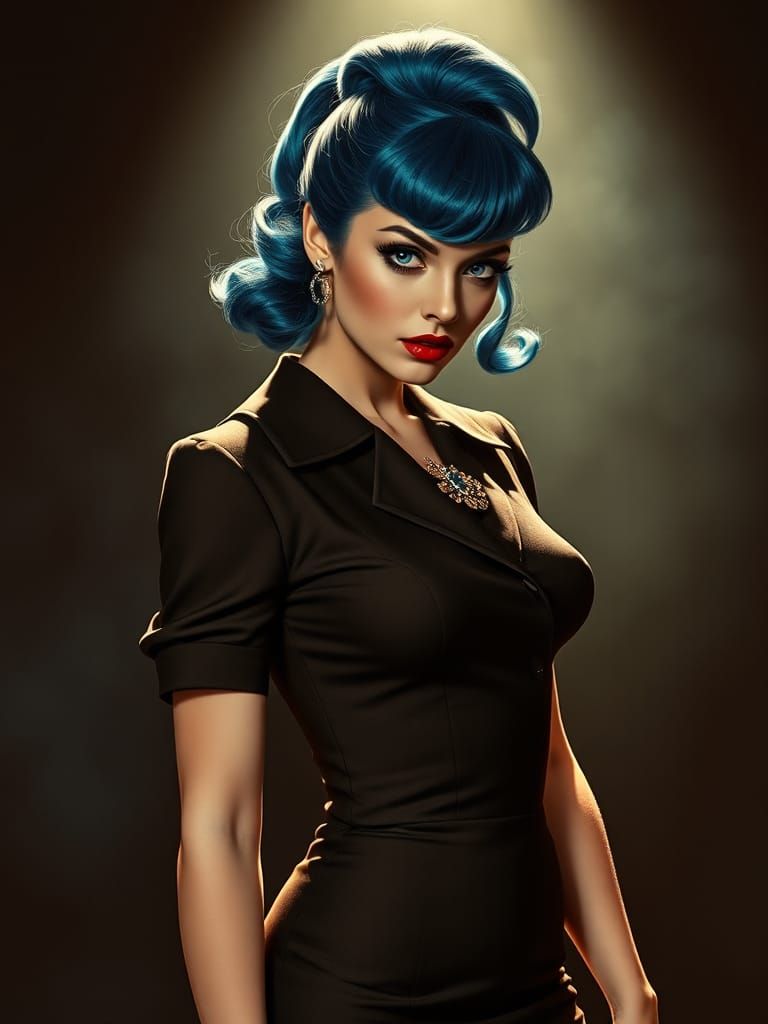 Blue-Haired Woman in Film Noir Style