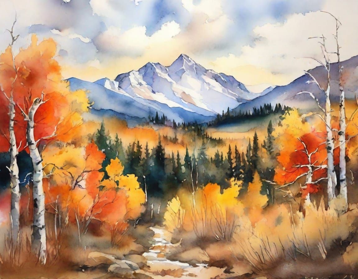 Rocky Mountains in Fall: Watercolor Landscape