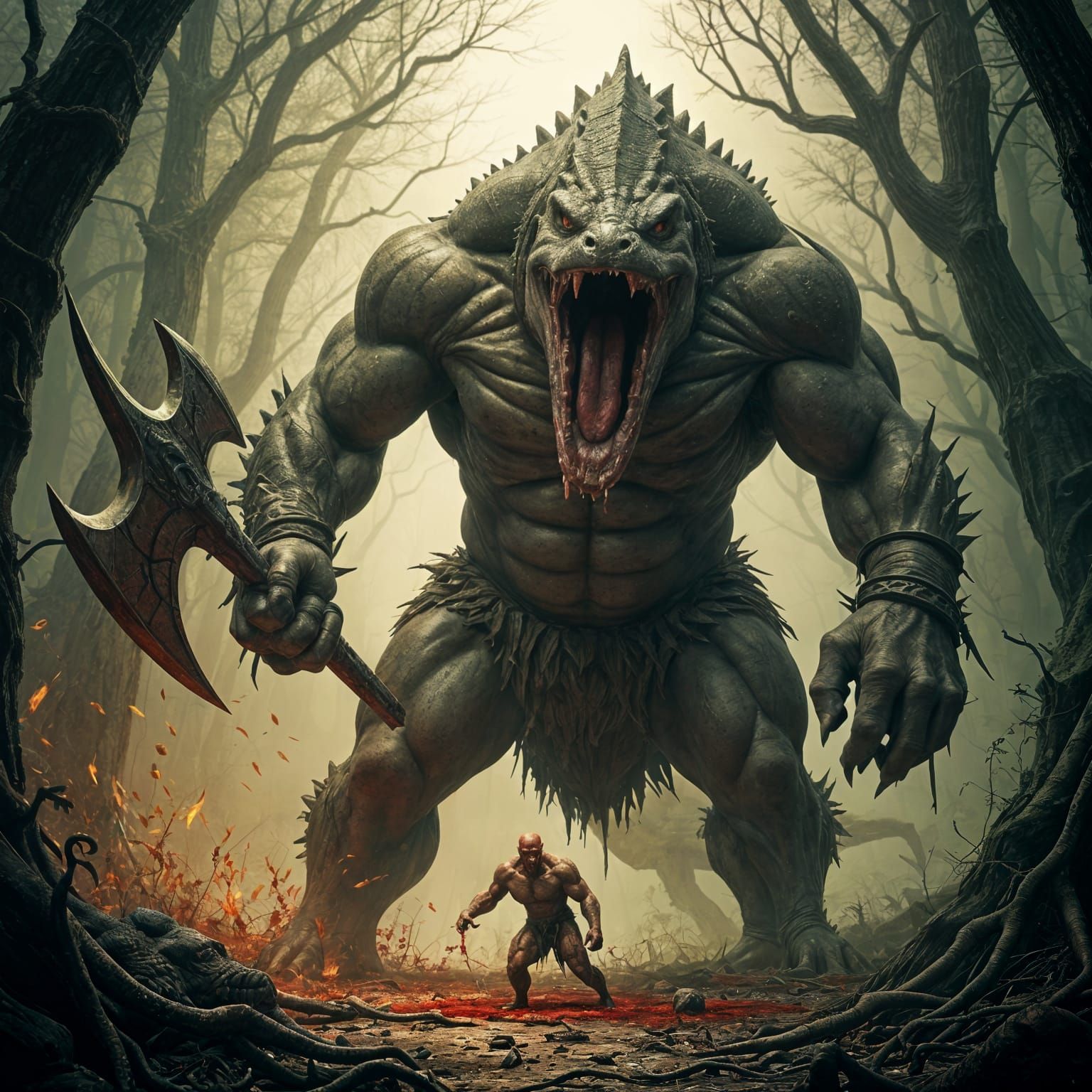 Crocodile-Headed Barbarian Hewing a Foe in Forest