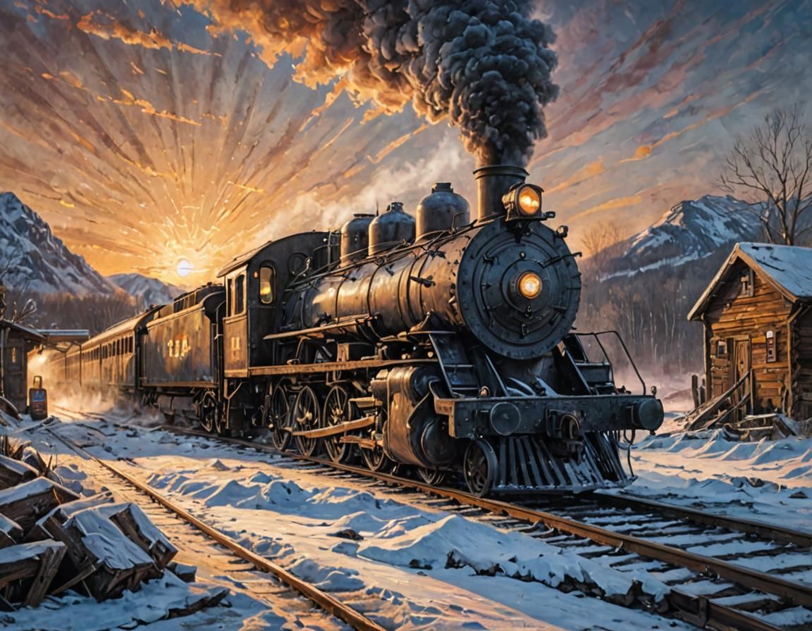 Steam Locomotive Arriving at Station: Acrylic Painting