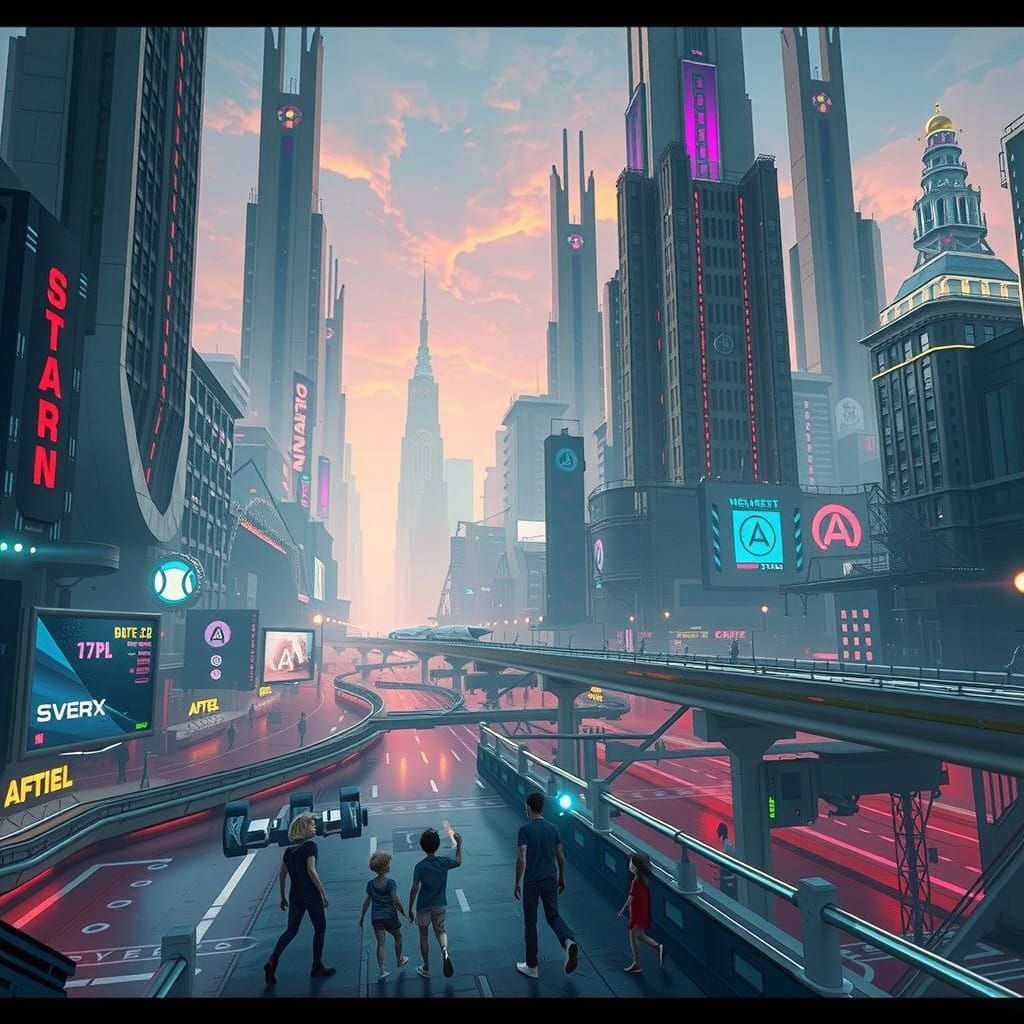 Futuristic Cityscape in Cyberpunk Style with Gargantuan Skys...