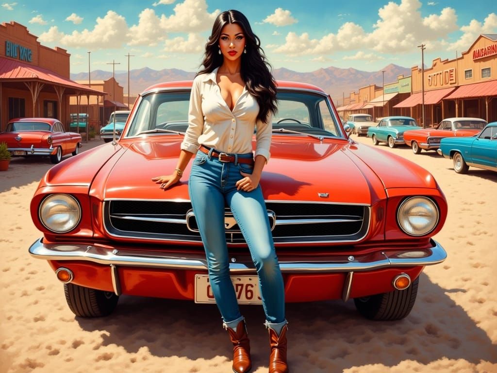 Stunning Rockabilly Goddess with 1966 Ford Mustang