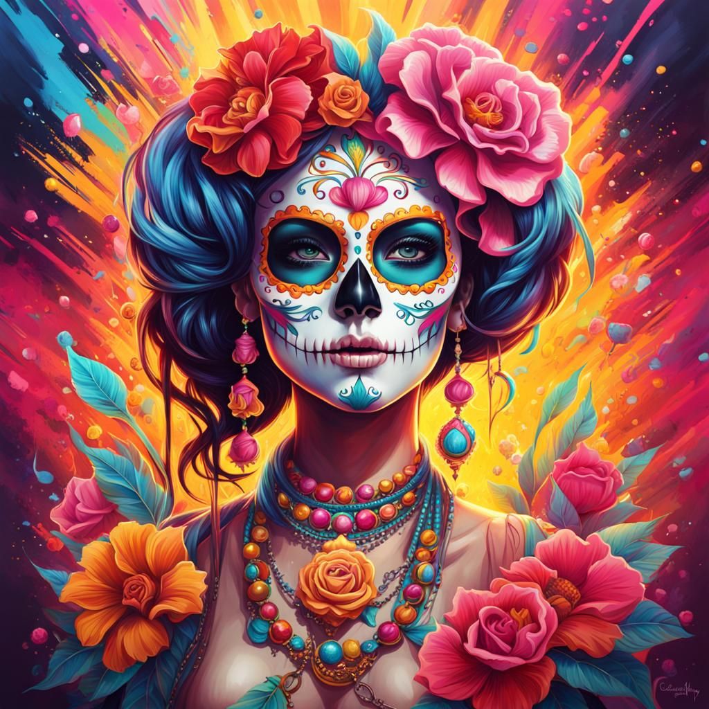 Colorful Sugar Skull Queen in Graffiti Art Style