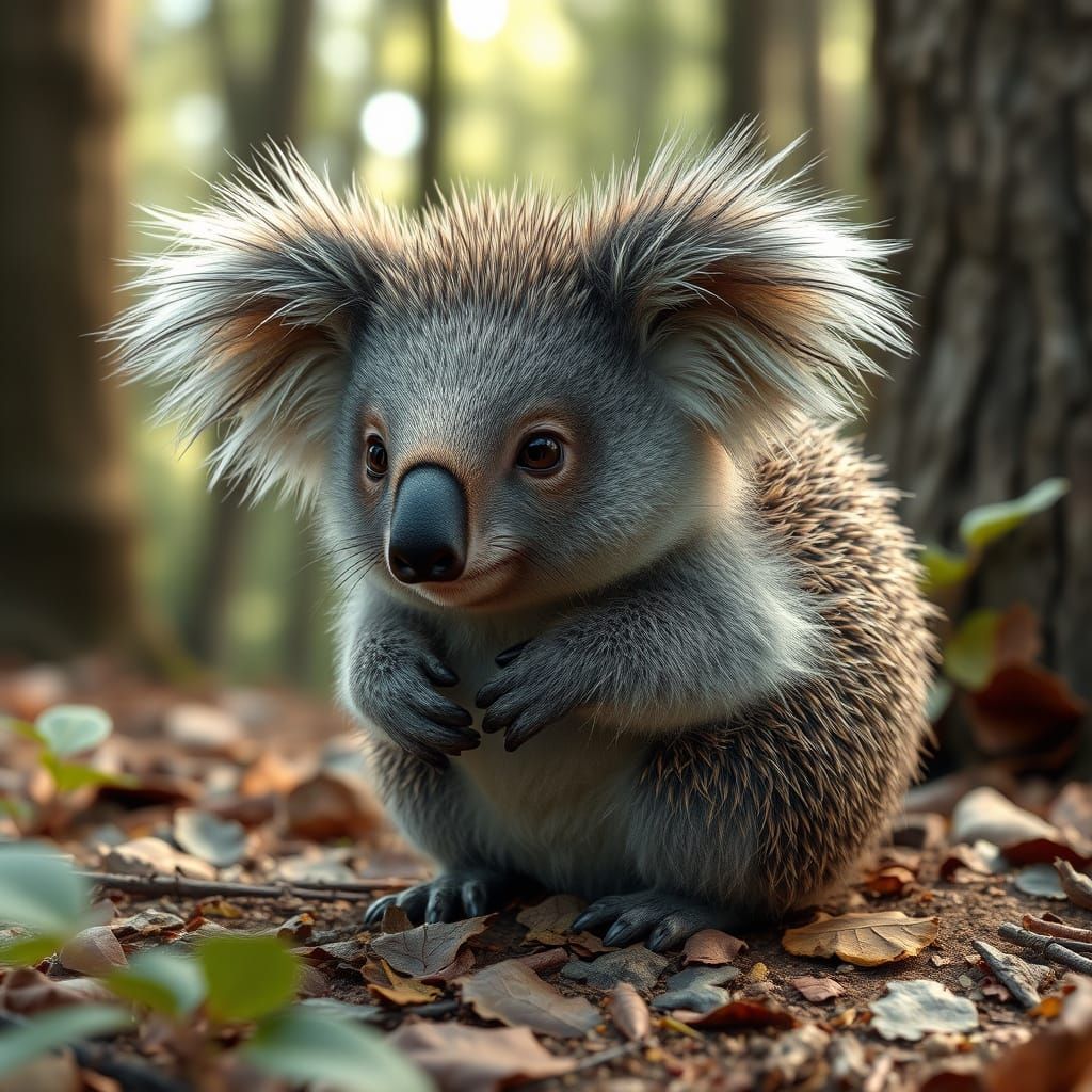 Photorealistic Hedgehog-Koala Hybrid in Rare Forest
