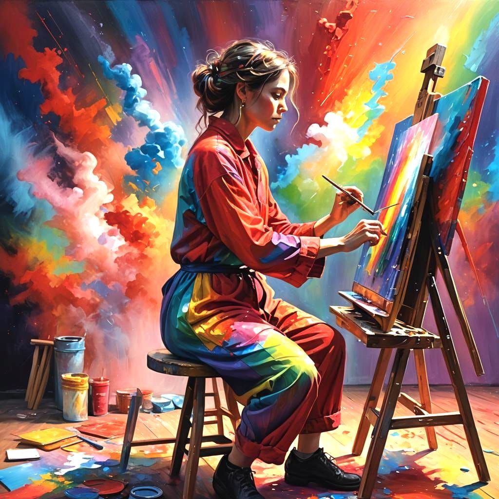 Rainbow Artist at Easel: Detailed Matte Painting