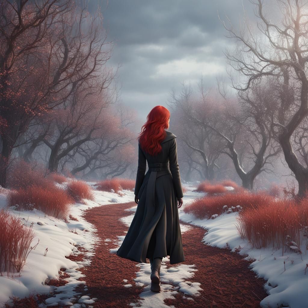 Asian Woman in Winter Undergrowth: Photorealistic Matte Pain...