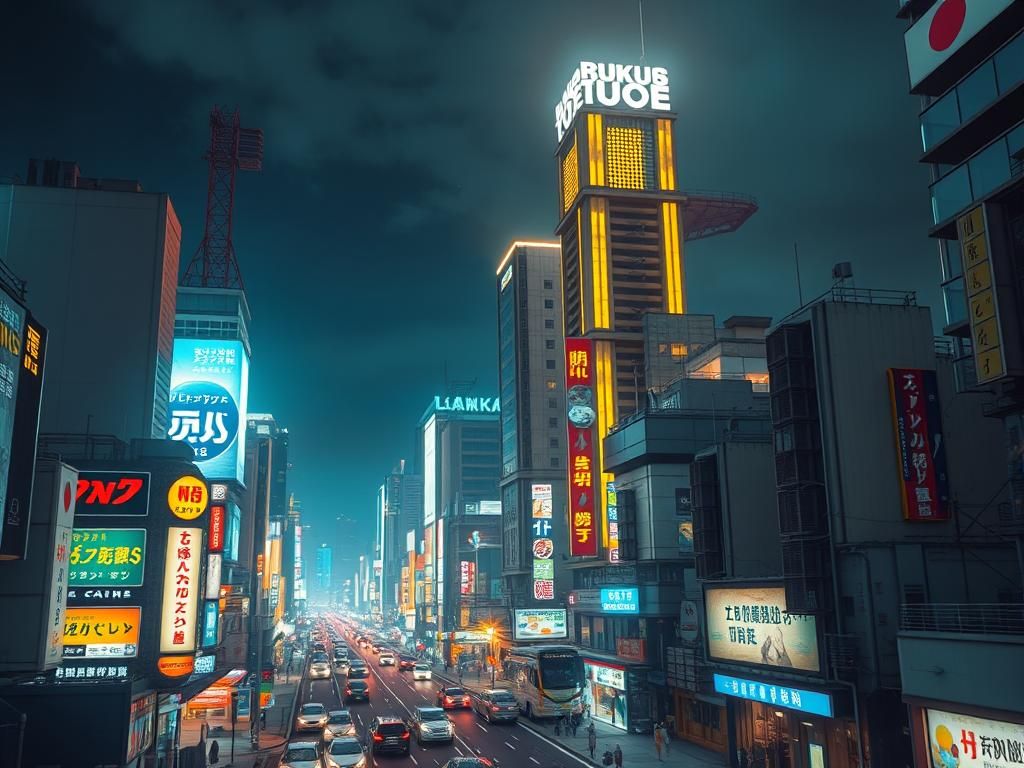 Futuristic Fukuoka Cityscape at Night